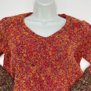 Textured Sweater Women Rainbow Long Sleeve‎ V-Neck Fuzzy Knit Stripe Art-to-Wear